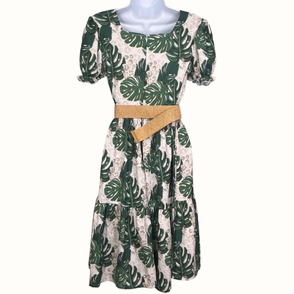 Boutique Tropical Leaf & Leopard Print Dress W Belt Puff Sleeves & Headband - Picture 2 of 8
